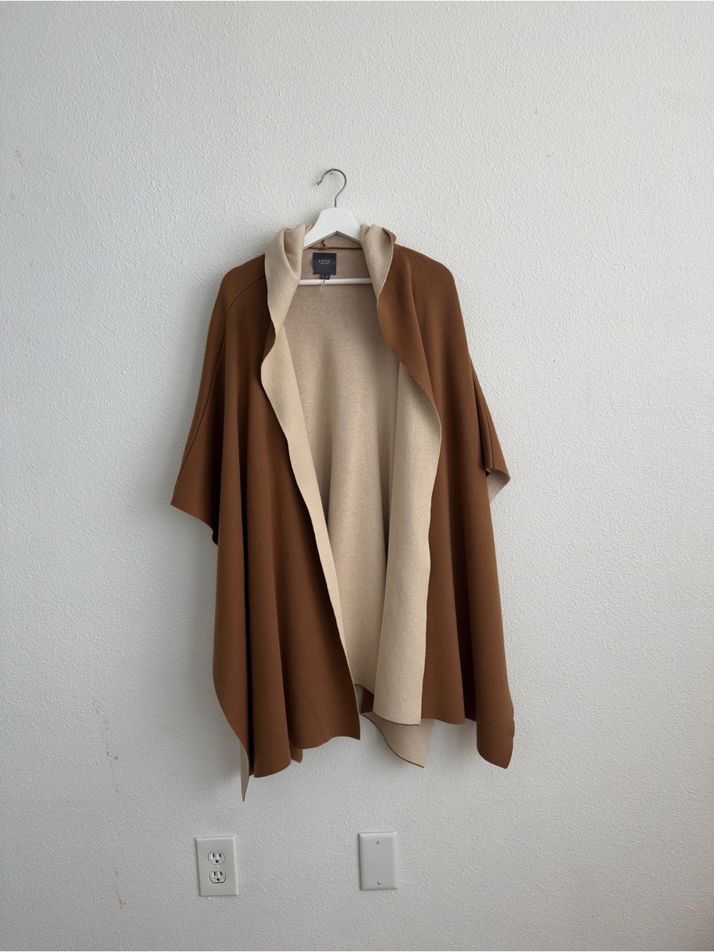 Two-Tone Brown and Cream Open Front Women's Cape with Hoodie. One Size.
